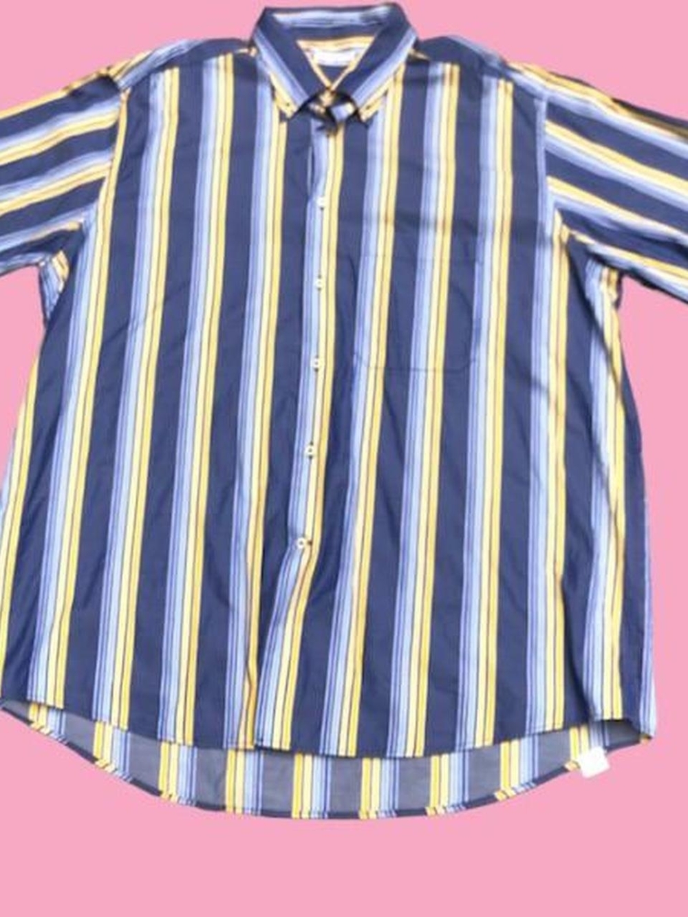 Maus & Hoffman Navy Blue Striped Button-Down Shirt with Yellow Accents